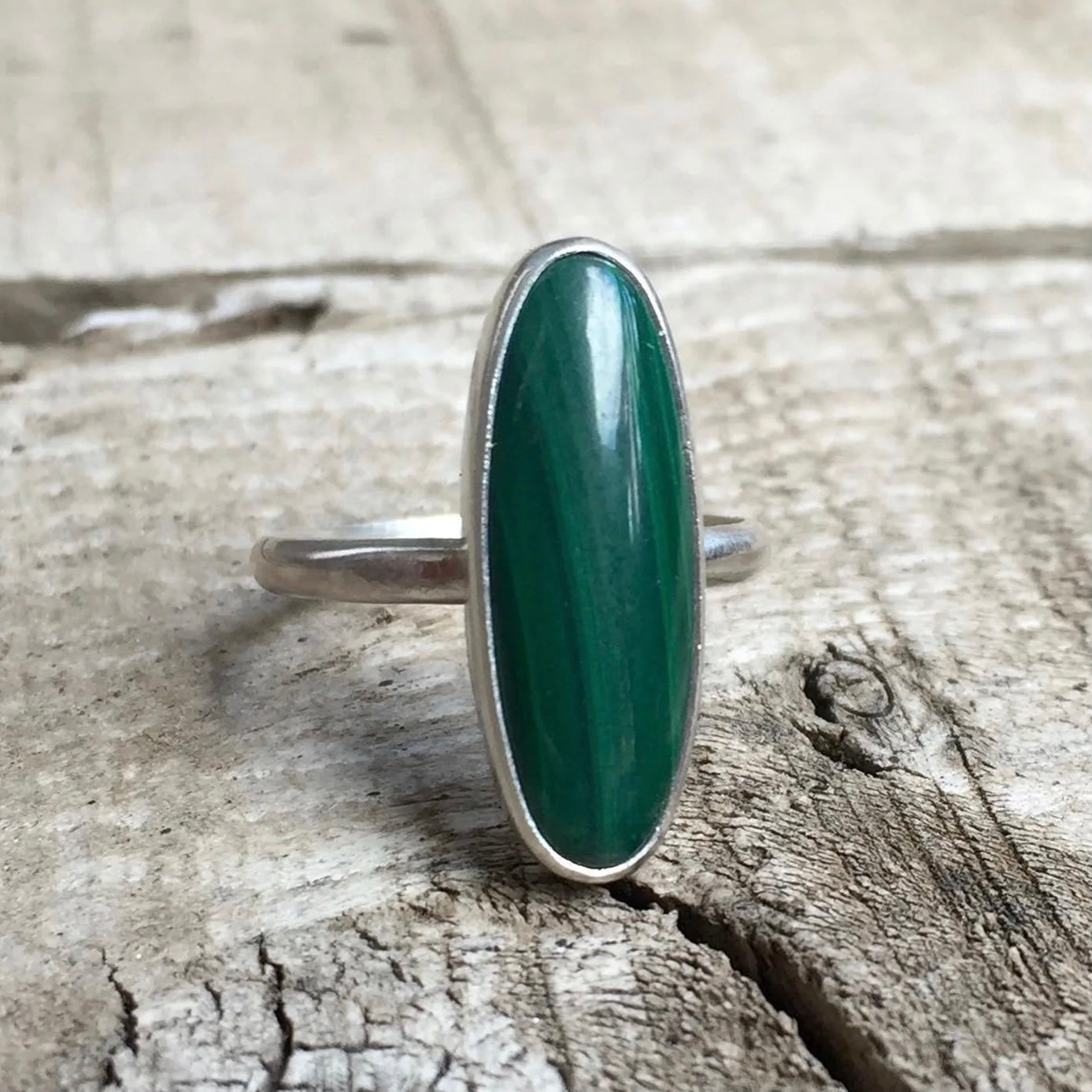Elongated Green Malachite Sterling Silver Ring