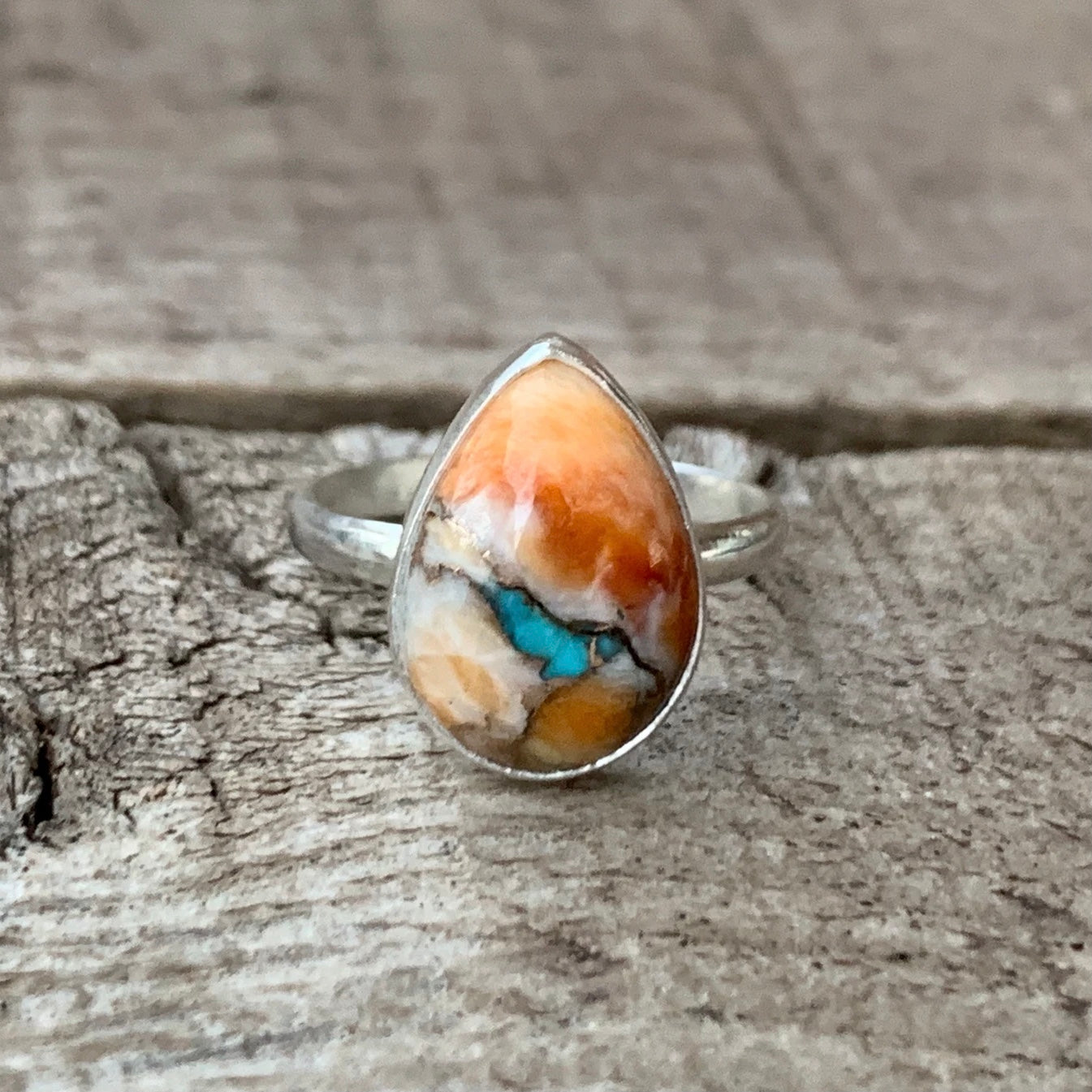 Teardrop Spiny Oyster Copper Turquoise Sterling Silver Ring
