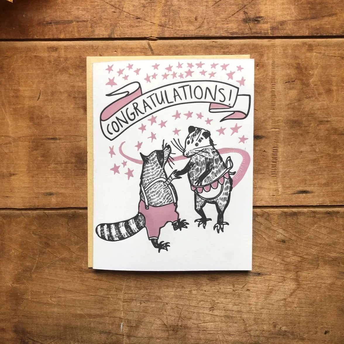 Congratulations Opossum + Raccoon Whimsy Letterpress Card