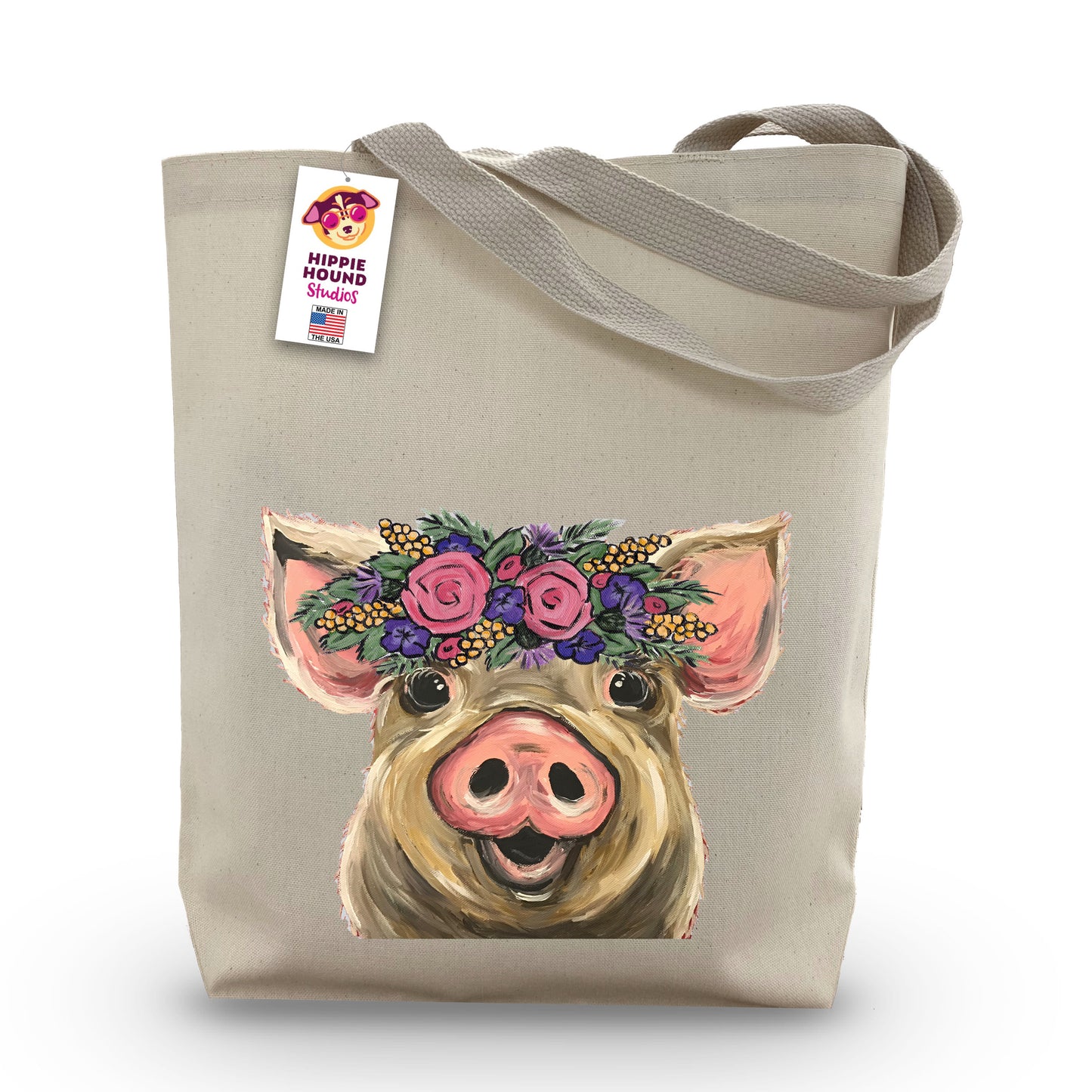 Flower Crown Pig Canvas Tote Bag Made in NC “Lulu”