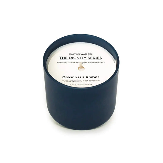 Oakmoss + Amber in Navy Frosted Glass | The Dignity Series Soy Wax Candle