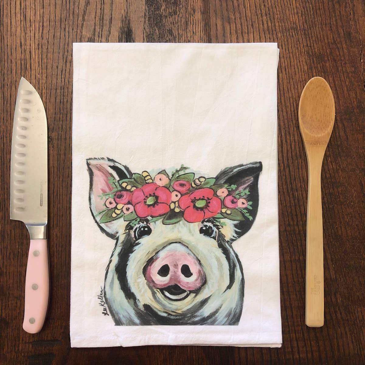 Pig Flower Crown (Pink) Flour Sack Tea Towel